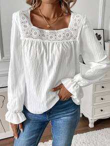 SHEIN PETITE Áo dài tay dáng rộng có cổ áo viền bèo nhún và bo gấu tay áo chun - trắng - Xem 5