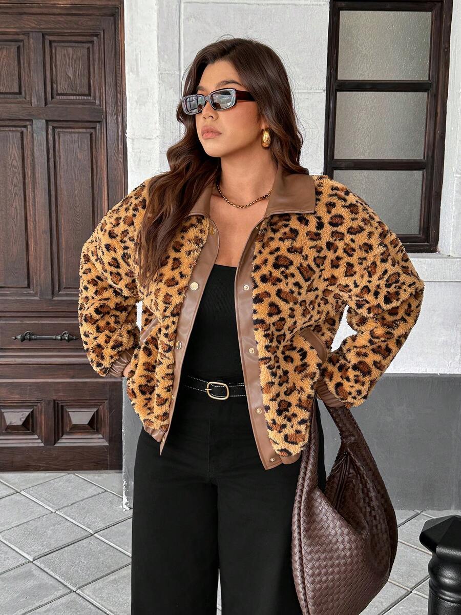 Easura Plus Size Women Casual Loose Leopard Faux Fur & Faux Leather Patchwork Metal Buckle Jacket, Warm Fuzzy Coat For Spring, Autumn & Winter - Multicolor - View 1