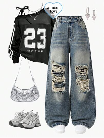 SHEIN ChillGRL 这款少女复古做旧牛仔休闲裤，采用褪色青铜色调水洗工艺，饰有破洞和做旧细节，弹性腰带穿着舒适，纽扣前襟方便穿脱，宽松版型更显身材。适合外出、约会、派对、返校季等各种场合，是春夏秋冬的时尚百搭单品。