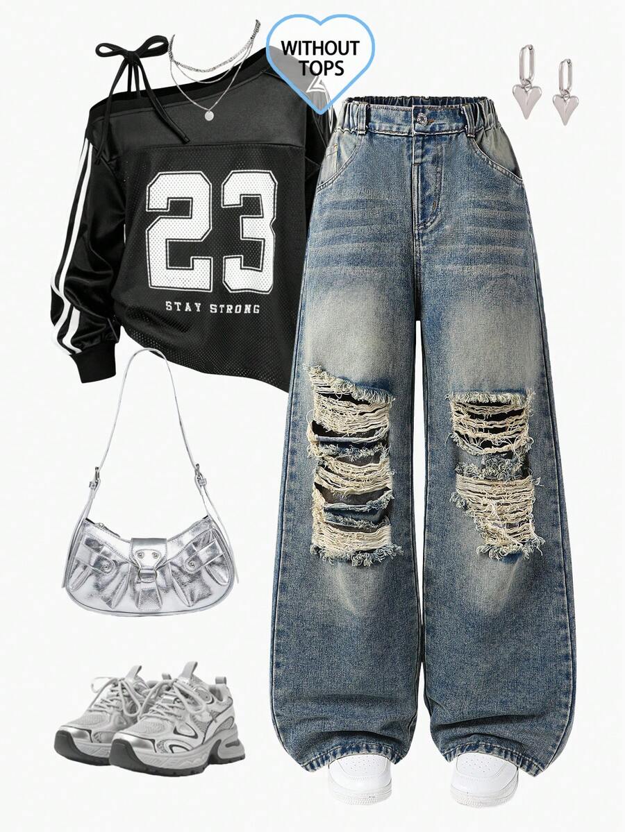 SHEIN ChillGRL 这款少女复古做旧牛仔休闲裤，采用褪色青铜色调水洗工艺，饰有破洞和做旧细节，弹性腰带穿着舒适，纽扣前襟方便穿脱，宽松版型更显身材。适合外出、约会、派对、返校季等各种场合，是春夏秋冬的时尚百搭单品。