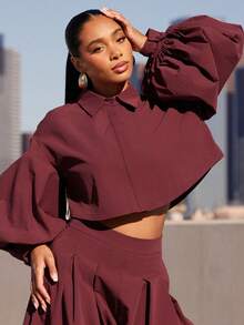 Vixey Pointed Collar Volume Balloon Sleeve Cropped Button Up Shirt - Purple - View 1