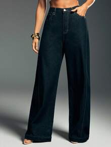 Denimoi 倒口袋下摆宽松阔腿牛仔裤 - 深色水洗藍 - 查看 5