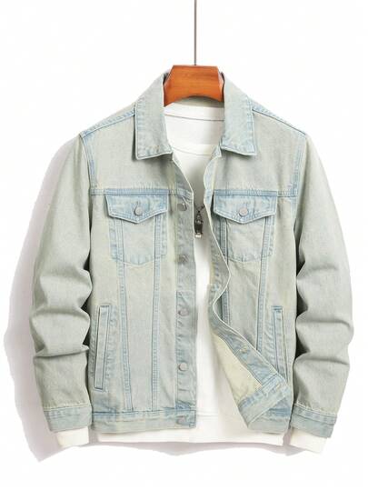 Manfinity Hypemode Men's Solid Color Front Button Street Style Casual Denim Long Sleeve Jacket Vintage Jacket Men