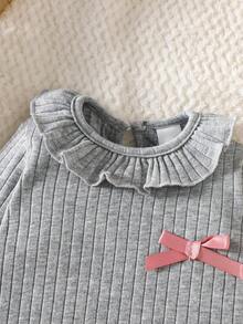SHEIN 新生儿柔软棉质圆领蝴蝶结长袖上衣和裤子套装，舒适温馨，适合秋冬季 - 灰色 - 查看 8