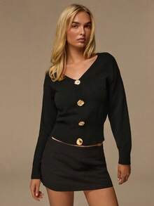 Glamine Women's Elegant V-Neck Metal Button Knit Pullover In Black - Black - View 6