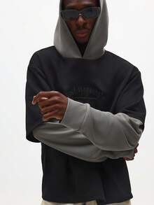 SUMWON 常规套头连帽衫，胸前印有徽标，前口袋休闲街头风格运动衫，适合日常穿着 - 黑色 - 查看 4