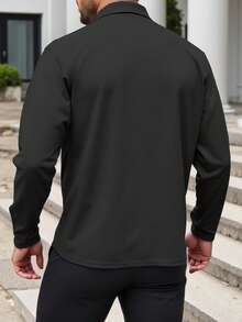 Manfinity Homme 加大码男士休闲日常按扣贴片半开襟 Polo 衫高尔夫球衫，黑色和卡其色可选，男士 Polo 衫，修身领长袖 Polo 衫 - 深灰色 - 查看 2