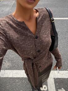 Livesso Autumn/Winter Loose Business Casual Fashion Asymmetric Side Tie V-Neck Textured Knit Elegant Women T-Shirt