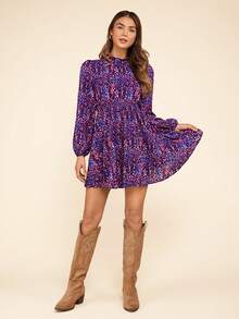 Coeurva Women's Lantern Sleeve Printed Dress - Multicolor - View 8