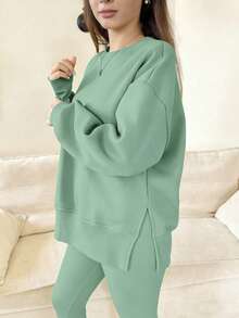 Sparklyn 1 Set Teen Girl's Fashion Personalized Casual Open Slit Loose Drop Shoulder Sweatshirt And Skinny Leggings Set, Green, Stylish Autumn/Winter Outfit - Green - View 1