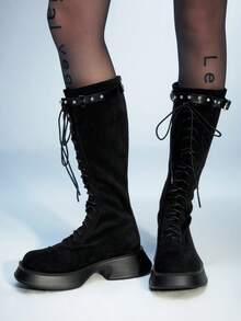 Sugerpunk 修身女式过膝长靴，厚底弹力紧身靴，高筒马靴 - 黑色 - 查看 4