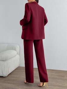 SHEIN Tall Bộ vest nữ màu nâu cà phê cỡ lớn, cài hai nút, không đối xứng, thanh lịch - Màu Đỏ Sâu - Xem 2