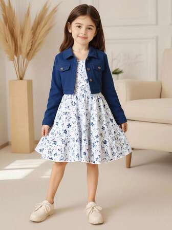 Set de 2 piezas: Chaqueta de manga larga con cuello de solapa + Vestido de tirantes con estampado floral de cintura elástica para niñas jóvenes, conjunto casual para uso diario y vacaciones, primavera/otoño