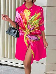 EMERY ROSE 女士花卉印花元素设计衬衫领长袖连衣裙