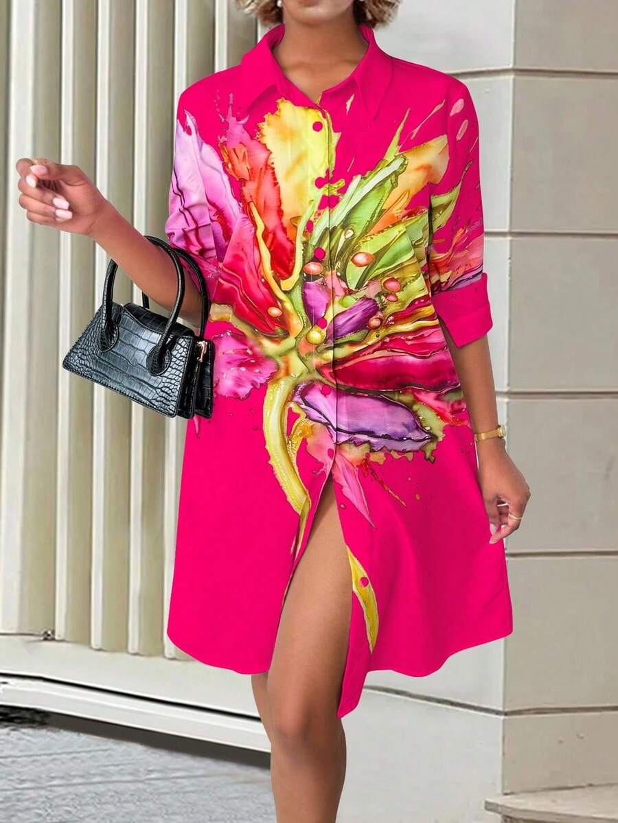 EMERY ROSE 女士花卉印花元素设计衬衫领长袖连衣裙