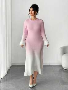 Elenzga Women's Autumn/Winter New Arrival Round Neck Fitted Elegant Lady Ombre Ruffle Cuff & Hem Midi Knit Sweater Dress - Pink - View 3