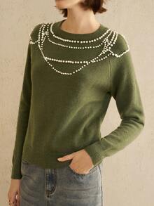 EMERY ROSE Women's Arctic Fleece Regular Fit Pearl Decorated Everyday Sweater    Sweater Winter Clothes - Green - View 5