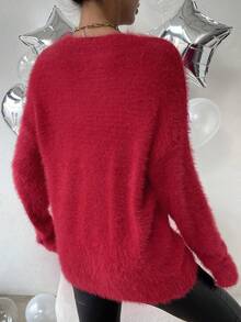 EMERY ROSE Women's Red Mink V-Neck Versatile Minimalist Pullover Knit Sweater - Red - View 2