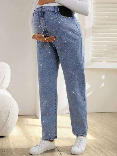 SHEIN Maternity Fashionable Casual Elastic Waist Rhinestone Embellished Jeans