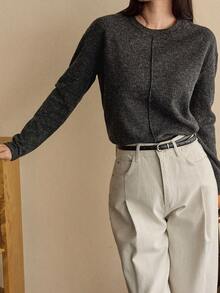 Dazy-Less 女士毛绒宽松商务休闲长袖T恤，拼色，适合秋冬季办公室穿着 - 深灰色 - 查看 2