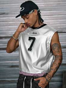 AXEPEAK Men's Knitted Casual Loose Sleeveless Printed Numeric Tank Top, Fashion & Daily Wear - Silver - View 4