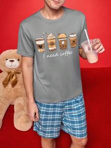 Men's Coffee Print Short Sleeve Top And Plaid Shorts Homewear Set - Grey - View 3