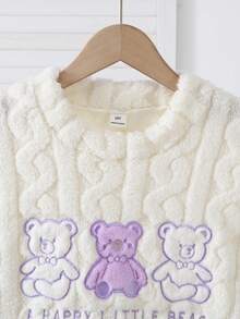 2pcs Girls' Plush Jacquard Crew Neck Long Sleeve Top And Pants Pajama Set, Comfortable Bear & Letter Pattern, Suitable For Autumn/Winter - Multicolor - View 3