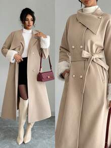 Elenzga 女士束腰人造毛皮拼接长款优雅大衣，秋冬款 - 杏色 - 查看 1