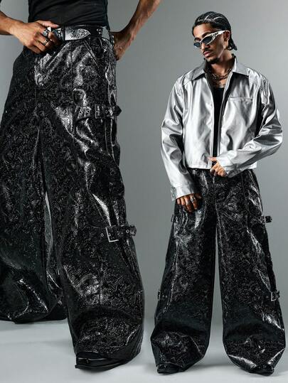 Street Life Men's KPOP Fashionable Adjustable Buckle Wide Leg Pants