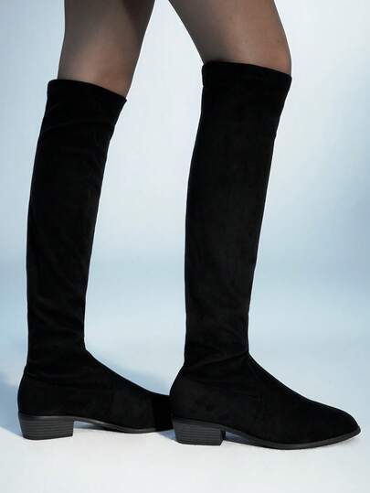 Sugerpunk Botas hasta el muslo grises para mujer, botas de montar vintage con tacón grueso, ajuste delgado y eje elástico