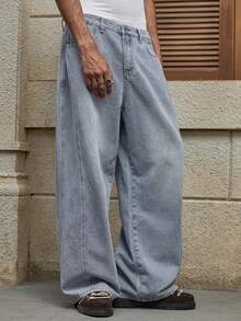 AXEPEAK Men's Washed Loose Casual Bleached Unique Style Pants - Blue - View 4