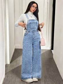 SHEIN 青少年女孩 Y2K 学院风浅色水洗休闲花朵刺绣口袋宽松高腰阔腿牛仔裤牛仔背带裤连体裤（不含 T 恤），女孩秋冬装街头服饰，返校节服装，圣诞服装万圣节服装，适合上学、居家和旅行，刺绣牛仔裤 - 淺色水洗藍 - 查看 5