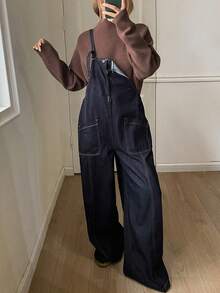 DAZY Women's Long Straight Leg Jeans Jumpsuit With Suspenders, Vacation Style - Dark Wash - View 3