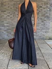 DAZY Women's V-Neck Halter Cinched Waist Long Casual Denim Dress, Summer - Medium Wash - View 2