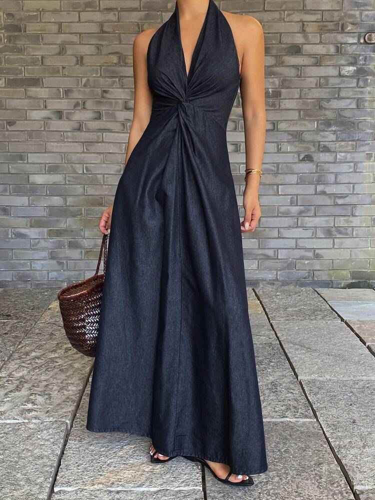Women's V-Neck Halter Cinched Waist Long Casual Denim Dress, Summer Maxi Dress