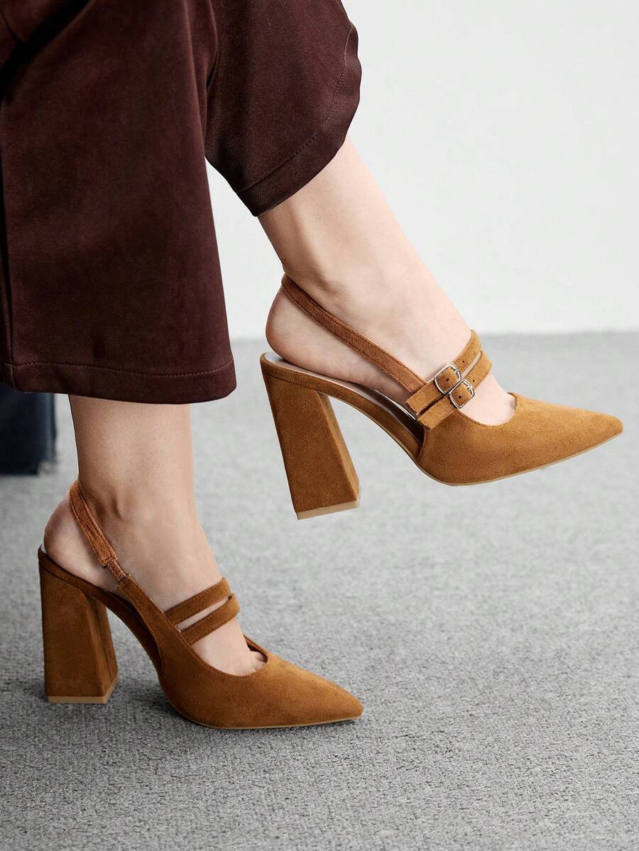 CUCCOO BIZCHIC 女士时尚棕色绒面革粗跟尖头简约露跟高跟鞋，适合通勤、约会、派对、婚礼等场合。 - 棕色 - 查看 1