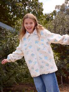 SHEIN Chaqueta con cuello alto, manga larga, con cremallera, de forro polar, con bordado floral, de estilo casual y elegante para niñas, para otoño/invierno - Blanco - Ver 10