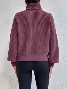 Celisse Women's Solid Color High Neck Drop Shoulder Long Sleeve Casual Sweater, Autumn/Winter - Purple - View 2