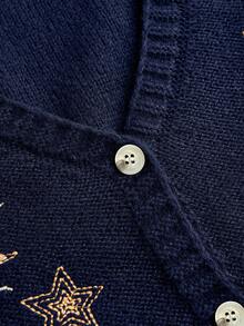 ROMWE Hippie Plus Size Women Mysterious Date Witch Style Sun & Moon Embroidery Cardigan Sweater/Winter - Navy Blue - View 3