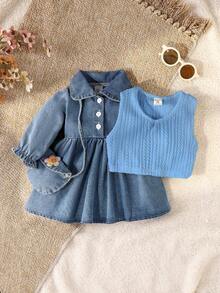 SHEIN Vintaside Kids 2pcs Baby Girls Denim Dress & Cable Knit Vest Set, Autumn/Winter - Blue - View 3