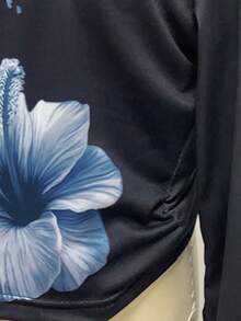青少年女孩休闲时尚度假风格芙蓉花印花短款长袖圆领 T 恤，适合秋冬季外出 - 彩色 - 查看 5