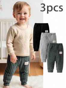 SHEIN 3 pièces Leggings/pantalons pour bébés et tout-petits garçons, style décontracté avec logo de voiture simple, tricot côtelé brossé, couleur unie, convient pour le port quotidien, saison automne/hiver - Multicolore - Voir 1