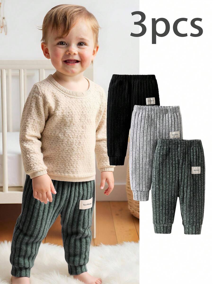 SHEIN 3 pièces Leggings/pantalons pour bébés et tout-petits garçons, style décontracté avec logo de voiture simple, tricot côtelé brossé, couleur unie, convient pour le port quotidien, saison automne/hiver - Multicolore - Voir 1
