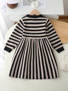 Girls' Striped Knit Sweater Dress,Classic Round Neck Flare Sleeve Patchwork Dress For Autumn,School,Back-To-School,Winter Outings And Parties - Black - View 2