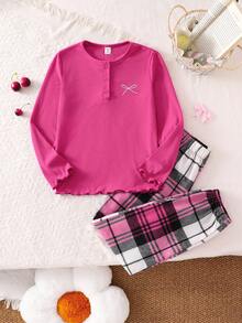 2pcs Girls Plaid Pajama Set With Ruffle Hem And Bow Accent, Comfortable Cotton Loungewear