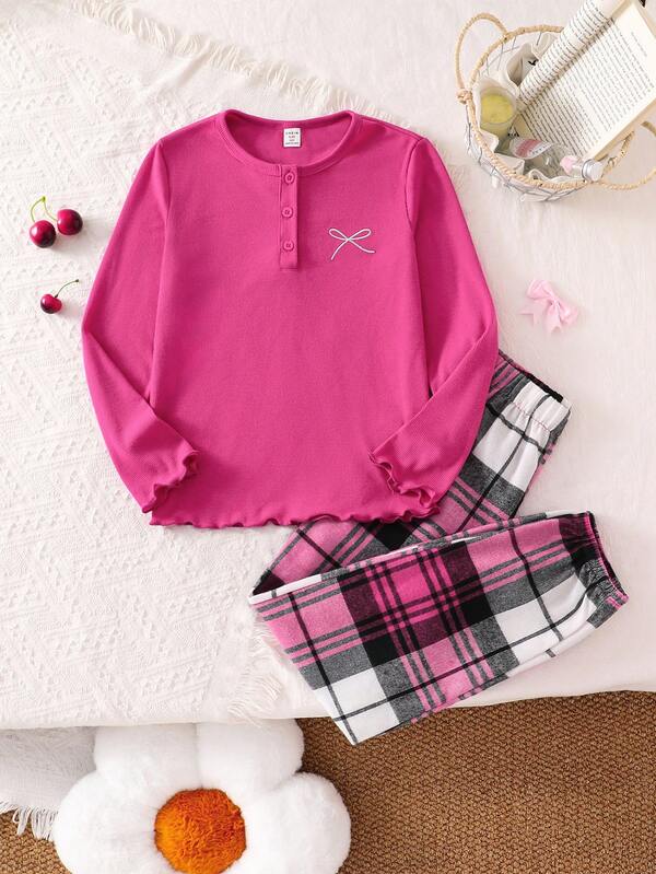 2pcs Girls Plaid Pajama Set With Ruffle Hem And Bow Accent, Comfortable Cotton Loungewear