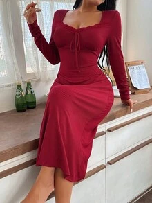 SHEIN 女士优雅针织纹理蝴蝶结蕾丝拼接长袖修身睡裙，适合圣诞节和冬季穿着 - 酒紅色 - 查看 1