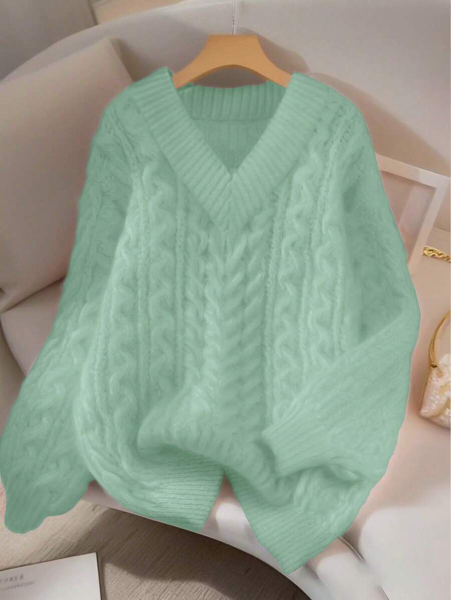 SHEIN LUNE New Loose Soft Sweet Pink Slouchy Design V-Neck Thick Cable Knit Pullover Sweater For Women, Versatile - Mint Green - View 1