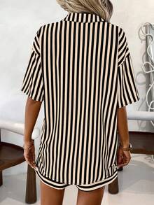 SHEIN LUNE Women Casual Striped Single-Breasted Shirt And Loose Shorts 2 Pieces Set - Multicolor - View 2
