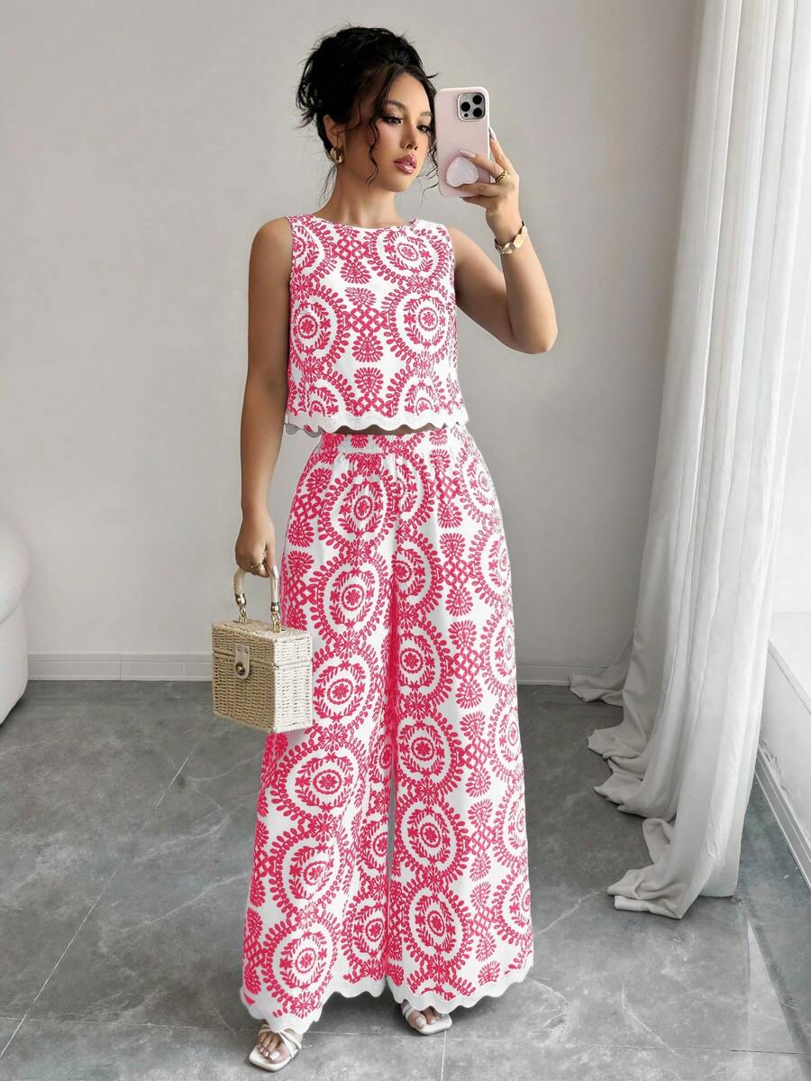 Chiquease 女士时尚印花撞色背心和裤子两件套 - 粉色 - 查看 1